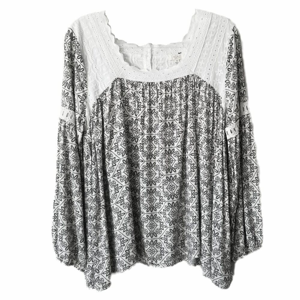 Kori America Ivory Black Eyelet Peasant Top Shirt M Boho Flowy Peasant Casual